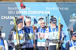 28.01.2024, Brezno-Osrblie, Slovakia (SVK): Ida Lien (NOR), Johan-Olav Botn (NOR), Isak Frey (NOR), Maren Kirkeeide (NOR), (l-r) - IBU Open European Championships Biathlon, medals, Brezno-Osrblie (SVK). www.nordicfocus.com. © Reichert/NordicFocus. Every downloaded picture is fee-liable.