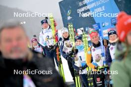 27.01.2024, Brezno-Osrblie, Slovakia (SVK): Emilie Aagheim Kalkenberg (NOR), Maren Kirkeeide (NOR), Oceane Michelon (FRA), Ida Lien (NOR), Marlene Fichtner (GER), Johanna Skottheim (SWE), (l-r) - IBU Open European Championships Biathlon, medals, Brezno-Osrblie (SVK). www.nordicfocus.com. © Reichert/NordicFocus. Every downloaded picture is fee-liable.