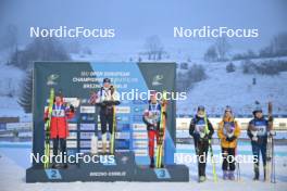 24.01.2024, Brezno-Osrblie, Slovakia (SVK): Alina Stremous (MDA), Maren Kirkeeide (NOR), Ema Kapustova (SVK), Ida Lien (NOR), Marion Wiesensarter (GER), Annie Lind (SWE), (l-r) - IBU Open European Championships Biathlon, medals, Brezno-Osrblie (SVK). www.nordicfocus.com. © Reichert/NordicFocus. Every downloaded picture is fee-liable.