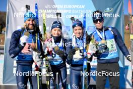 28.01.2024, Brezno-Osrblie, Slovakia (SVK): Nicola Romanin (ITA), Hannah Auchentaller (ITA), Beatrice Trabucchi (ITA), Nicolo' Betemps (ITA), (l-r) - IBU Open European Championships Biathlon, medals, Brezno-Osrblie (SVK). www.nordicfocus.com. © Reichert/NordicFocus. Every downloaded picture is fee-liable.