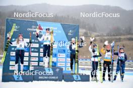 27.01.2024, Brezno-Osrblie, Slovakia (SVK): Emilie Aagheim Kalkenberg (NOR), Maren Kirkeeide (NOR), Oceane Michelon (FRA), Ida Lien (NOR), Marlene Fichtner (GER), Johanna Skottheim (SWE), (l-r) - IBU Open European Championships Biathlon, medals, Brezno-Osrblie (SVK). www.nordicfocus.com. © Reichert/NordicFocus. Every downloaded picture is fee-liable.