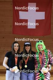 23.03.2024, Oberwald, Switzerland (SUI): Aita Gasparin (SUI), Lena Haecki-Gross (SUI), Flurina Volken (SUI), (l-r) - Swiss Championships biathlon, prize giving ceremony, Oberwald (SUI). www.nordicfocus.com. © Manzoni/NordicFocus. Every downloaded picture is fee-liable.