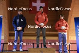 23.03.2024, Oberwald, Switzerland (SUI): Bjoern Niederhauser (SUI), Remo Burch (SUI), Jens Berger (SUI), (l-r) - Swiss Championships biathlon, prize giving ceremony, Oberwald (SUI). www.nordicfocus.com. © Manzoni/NordicFocus. Every downloaded picture is fee-liable.