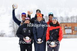 24.03.2024, Ulrichen, Switzerland (SUI): Sandro Bovisi (SUI), Sari Elena Egger (SUI), Jakob Richter (SUI), Lea Meier (SUI), Remo Burch (SUI), Sophia Imwinkelried (SUI), (l-r) - Swiss Championships biathlon, single mixed relay, Ulrichen (SUI). www.nordicfocus.com. © Manzoni/NordicFocus. Every downloaded picture is fee-liable.