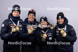 07.02.2024, Nove Mesto na Morave, Czechia (CZE): Eric Perrot (FRA), Quentin Fillon Maillet (FRA), Justine Braisaz-Bouchet (FRA), Julia Simon (FRA), (l-r) - IBU World Championships Biathlon, medals, Nove Mesto na Morave (CZE). www.nordicfocus.com. © Manzoni/NordicFocus. Every downloaded picture is fee-liable.