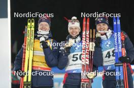 10.02.2024, Nove Mesto na Morave, Czechia (CZE): Johannes Thingnes Boe (NOR), Sturla Holm Laegreid (NOR), Vetle Sjaastad Christiansen (NOR), (l-r) - IBU World Championships Biathlon, medals, Nove Mesto na Morave (CZE). www.nordicfocus.com. © Thibaut/NordicFocus. Every downloaded picture is fee-liable.