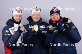 11.02.2024, Nove Mesto na Morave, Czechia (CZE): Sturla Holm Laegreid (NOR), Johannes Thingnes Boe (NOR), Vetle Sjaastad Christiansen (NOR), (l-r) - IBU World Championships Biathlon, medals, Nove Mesto na Morave (CZE). www.nordicfocus.com. © Manzoni/NordicFocus. Every downloaded picture is fee-liable.