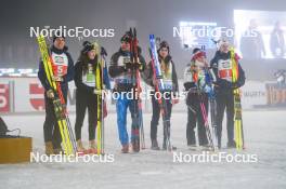 07.02.2024, Nove Mesto na Morave, Czechia (CZE): Quentin Fillon Maillet (FRA), Lou Jeanmonnot (FRA), Tommaso Giacomel (ITA), Lisa Vittozzi (ITA), Johannes Thingnes Boe (NOR), Ingrid Landmark Tandrevold (NOR), (l-r) - IBU World Championships Biathlon, medals, Nove Mesto na Morave (CZE). www.nordicfocus.com. © Thibaut/NordicFocus. Every downloaded picture is fee-liable.
