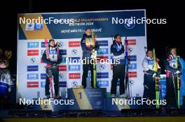 11.02.2024, Nove Mesto na Morave, Czechia (CZE): Sturla Holm Laegreid (NOR), Johannes Thingnes Boe (NOR), Vetle Sjaastad Christiansen (NOR), Johannes Dale-Skjevdal (NOR), Tarjei Boe (NOR), Sebastian Samuelsson (SWE), (l-r) - IBU World Championships Biathlon, medals, Nove Mesto na Morave (CZE). www.nordicfocus.com. © Thibaut/NordicFocus. Every downloaded picture is fee-liable.