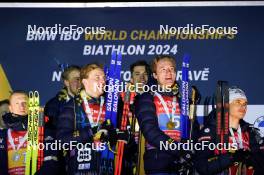 17.02.2024, Nove Mesto na Morave, Czechia (CZE): Johannes Thingnes Boe (NOR), Viktor Brandt (SWE), Jesper Nelin (SWE), Martin Ponsiluoma (SWE), Sebastian Samuelsson (SWE), Emilien Jacquelin (FRA), (l-r) - IBU World Championships Biathlon, medals, Nove Mesto na Morave (CZE). www.nordicfocus.com. © Thibaut/NordicFocus. Every downloaded picture is fee-liable.