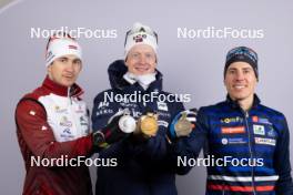 18.02.2024, Nove Mesto na Morave, Czechia (CZE): Andrejs Rastorgujevs (LAT), Johannes Thingnes Boe (NOR), Quentin Fillon Maillet (FRA), (l-r) - IBU World Championships Biathlon, medals, Nove Mesto na Morave (CZE). www.nordicfocus.com. © Manzoni/NordicFocus. Every downloaded picture is fee-liable.