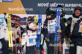07.02.2024, Nove Mesto na Morave, Czechia (CZE): Karoline Offigstad Knotten (NOR), Johannes Thingnes Boe (NOR), Ingrid Landmark Tandrevold (NOR), Tarjei Boe (NOR), Julia Simon (FRA), (l-r) - IBU World Championships Biathlon, medals, Nove Mesto na Morave (CZE). www.nordicfocus.com. © Thibaut/NordicFocus. Every downloaded picture is fee-liable.