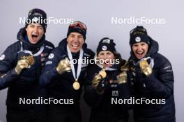 07.02.2024, Nove Mesto na Morave, Czechia (CZE): Eric Perrot (FRA), Quentin Fillon Maillet (FRA), Justine Braisaz-Bouchet (FRA), Julia Simon (FRA), (l-r) - IBU World Championships Biathlon, medals, Nove Mesto na Morave (CZE). www.nordicfocus.com. © Manzoni/NordicFocus. Every downloaded picture is fee-liable.