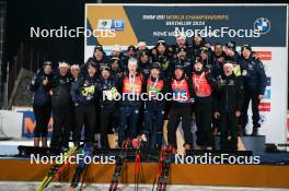 17.02.2024, Nove Mesto na Morave, Czechia (CZE): Eric Perrot (FRA), Fabien Claude (FRA), Quentin Fillon Maillet (FRA), (l-r) - IBU World Championships Biathlon, medals, Nove Mesto na Morave (CZE). www.nordicfocus.com. © Thibaut/NordicFocus. Every downloaded picture is fee-liable.