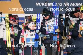 07.02.2024, Nove Mesto na Morave, Czechia (CZE): Karoline Offigstad Knotten (NOR), Johannes Thingnes Boe (NOR), Ingrid Landmark Tandrevold (NOR), Tarjei Boe (NOR), Julia Simon (FRA), (l-r) - IBU World Championships Biathlon, medals, Nove Mesto na Morave (CZE). www.nordicfocus.com. © Thibaut/NordicFocus. Every downloaded picture is fee-liable.