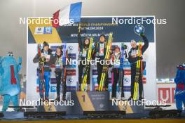 15.02.2024, Nove Mesto na Morave, Czechia (CZE): Tommaso Giacomel (ITA), Lisa Vittozzi (ITA), Quentin Fillon Maillet (FRA), Lou Jeanmonnot (FRA), Ingrid Landmark Tandrevold (NOR), Johannes Thingnes Boe (NOR), (l-r) - IBU World Championships Biathlon, medals, Nove Mesto na Morave (CZE). www.nordicfocus.com. © Thibaut/NordicFocus. Every downloaded picture is fee-liable.