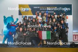 15.02.2024, Nove Mesto na Morave, Czechia (CZE): Tommaso Giacomel (ITA), Lisa Vittozzi (ITA) and Italian team, (l-r) - IBU World Championships Biathlon, medals, Nove Mesto na Morave (CZE). www.nordicfocus.com. © Thibaut/NordicFocus. Every downloaded picture is fee-liable.