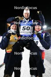 10.02.2024, Nove Mesto na Morave, Czechia (CZE): Johannes Thingnes Boe (NOR), Sturla Holm Laegreid (NOR), Vetle Sjaastad Christiansen (NOR), (l-r) - IBU World Championships Biathlon, medals, Nove Mesto na Morave (CZE). www.nordicfocus.com. © Manzoni/NordicFocus. Every downloaded picture is fee-liable.