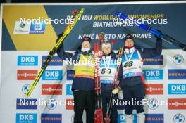 07.02.2024, Nove Mesto na Morave, Czechia (CZE): Johannes Thingnes Boe (NOR), Sturla Holm Laegreid (NOR), Vetle Sjaastad Christiansen (NOR), (l-r) - IBU World Championships Biathlon, medals, Nove Mesto na Morave (CZE). www.nordicfocus.com. © Thibaut/NordicFocus. Every downloaded picture is fee-liable.