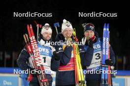 11.02.2024, Nove Mesto na Morave, Czechia (CZE): Sturla Holm Laegreid (NOR), Johannes Thingnes Boe (NOR), Vetle Sjaastad Christiansen (NOR), (l-r) - IBU World Championships Biathlon, medals, Nove Mesto na Morave (CZE). www.nordicfocus.com. © Thibaut/NordicFocus. Every downloaded picture is fee-liable.