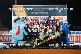 14.02.2024, Nove Mesto na Morave, Czechia (CZE): Tarjei Boe (NOR), Johannes Thingnes Boe (NOR) and Norway team - IBU World Championships Biathlon, medals, Nove Mesto na Morave (CZE). www.nordicfocus.com. © Thibaut/NordicFocus. Every downloaded picture is fee-liable.