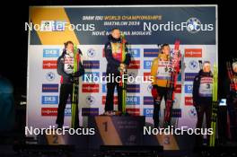 14.02.2024, Nove Mesto na Morave, Czechia (CZE): Tarjei Boe (NOR), Johannes Thingnes Boe (NOR), Benedikt Doll (GER), Andrejs Rastorgujevs (LAT), (l-r) - IBU World Championships Biathlon, medals, Nove Mesto na Morave (CZE). www.nordicfocus.com. © Thibaut/NordicFocus. Every downloaded picture is fee-liable.