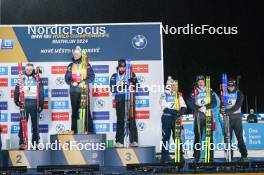 11.02.2024, Nove Mesto na Morave, Czechia (CZE): Sturla Holm Laegreid (NOR), Johannes Thingnes Boe (NOR), Vetle Sjaastad Christiansen (NOR), Johannes Dale-Skjevdal (NOR), Tarjei Boe (NOR), Sebastian Samuelsson (SWE), (l-r) - IBU World Championships Biathlon, medals, Nove Mesto na Morave (CZE). www.nordicfocus.com. © Thibaut/NordicFocus. Every downloaded picture is fee-liable.