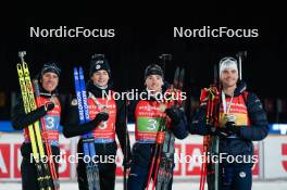 17.02.2024, Nove Mesto na Morave, Czechia (CZE): Quentin Fillon Maillet (FRA), Eric Perrot (FRA), Fabien Claude (FRA), Emilien Jacquelin (FRA), (l-r) - IBU World Championships Biathlon, medals, Nove Mesto na Morave (CZE). www.nordicfocus.com. © Thibaut/NordicFocus. Every downloaded picture is fee-liable.