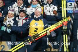 18.02.2024, Nove Mesto na Morave, Czechia (CZE): Norway team and Johannes Thingnes Boe (NOR), Tarjei Boe (NOR), (l-r) - IBU World Championships Biathlon, medals, Nove Mesto na Morave (CZE). www.nordicfocus.com. © Thibaut/NordicFocus. Every downloaded picture is fee-liable.