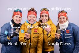 17.02.2024, Nove Mesto na Morave, Czechia (CZE): Janina Hettich-Walz (GER), Selina Grotian (GER), Vanessa Voigt (GER), Sophia Schneider (GER), (l-r) - IBU World Championships Biathlon, medals, Nove Mesto na Morave (CZE). www.nordicfocus.com. © Manzoni/NordicFocus. Every downloaded picture is fee-liable.