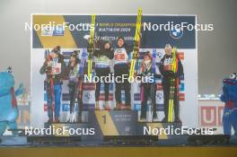 15.02.2024, Nove Mesto na Morave, Czechia (CZE): Tommaso Giacomel (ITA), Lisa Vittozzi (ITA), Quentin Fillon Maillet (FRA), Lou Jeanmonnot (FRA), Ingrid Landmark Tandrevold (NOR), Johannes Thingnes Boe (NOR), (l-r) - IBU World Championships Biathlon, medals, Nove Mesto na Morave (CZE). www.nordicfocus.com. © Thibaut/NordicFocus. Every downloaded picture is fee-liable.