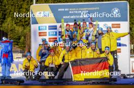 17.02.2024, Nove Mesto na Morave, Czechia (CZE): Janina Hettich-Walz (GER), Selina Grotian (GER), Vanessa Voigt (GER), Sophia Schneider (GER), (l-r) - IBU World Championships Biathlon, medals, Nove Mesto na Morave (CZE). www.nordicfocus.com. © Thibaut/NordicFocus. Every downloaded picture is fee-liable.