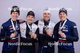 17.02.2024, Nove Mesto na Morave, Czechia (CZE): Eric Perrot (FRA), Fabien Claude (FRA), Emilien Jacquelin (FRA), Quentin Fillon Maillet (FRA), (l-r) - IBU World Championships Biathlon, medals, Nove Mesto na Morave (CZE). www.nordicfocus.com. © Manzoni/NordicFocus. Every downloaded picture is fee-liable.