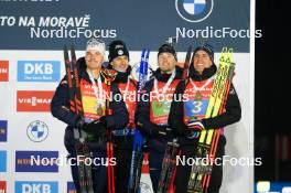 17.02.2024, Nove Mesto na Morave, Czechia (CZE): Emilien Jacquelin (FRA), Eric Perrot (FRA), Fabien Claude (FRA), Quentin Fillon Maillet (FRA), (l-r) - IBU World Championships Biathlon, medals, Nove Mesto na Morave (CZE). www.nordicfocus.com. © Thibaut/NordicFocus. Every downloaded picture is fee-liable.