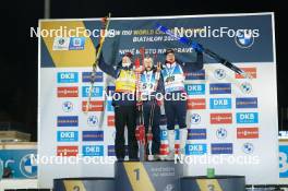 07.02.2024, Nove Mesto na Morave, Czechia (CZE): Johannes Thingnes Boe (NOR), Sturla Holm Laegreid (NOR), Vetle Sjaastad Christiansen (NOR), (l-r) - IBU World Championships Biathlon, medals, Nove Mesto na Morave (CZE). www.nordicfocus.com. © Thibaut/NordicFocus. Every downloaded picture is fee-liable.