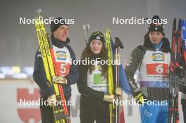 07.02.2024, Nove Mesto na Morave, Czechia (CZE): Quentin Fillon Maillet (FRA), Lou Jeanmonnot (FRA), Tommaso Giacomel (ITA), (l-r) - IBU World Championships Biathlon, medals, Nove Mesto na Morave (CZE). www.nordicfocus.com. © Thibaut/NordicFocus. Every downloaded picture is fee-liable.