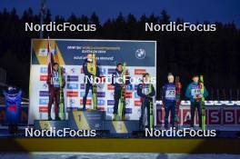18.02.2024, Nove Mesto na Morave, Czechia (CZE): Andrejs Rastorgujevs (LAT), Johannes Thingnes Boe (NOR), Quentin Fillon Maillet (FRA), Tarjei Boe (NOR), Fabien Claude (FRA), Jakov Fak (SLO), (l-r) - IBU World Championships Biathlon, medals, Nove Mesto na Morave (CZE). www.nordicfocus.com. © Thibaut/NordicFocus. Every downloaded picture is fee-liable.