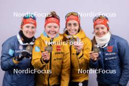 17.02.2024, Nove Mesto na Morave, Czechia (CZE): Janina Hettich-Walz (GER), Selina Grotian (GER), Vanessa Voigt (GER), Sophia Schneider (GER), (l-r) - IBU World Championships Biathlon, medals, Nove Mesto na Morave (CZE). www.nordicfocus.com. © Manzoni/NordicFocus. Every downloaded picture is fee-liable.