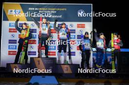 07.02.2024, Nove Mesto na Morave, Czechia (CZE): Johannes Thingnes Boe (NOR), Sturla Holm Laegreid (NOR), Vetle Sjaastad Christiansen (NOR), Eric Perrot (FRA), Sebastian Samuelsson (SWE), Tarjei Boe (NOR), (l-r) - IBU World Championships Biathlon, medals, Nove Mesto na Morave (CZE). www.nordicfocus.com. © Thibaut/NordicFocus. Every downloaded picture is fee-liable.