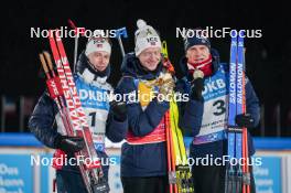11.02.2024, Nove Mesto na Morave, Czechia (CZE): Sturla Holm Laegreid (NOR), Johannes Thingnes Boe (NOR), Vetle Sjaastad Christiansen (NOR), (l-r) - IBU World Championships Biathlon, medals, Nove Mesto na Morave (CZE). www.nordicfocus.com. © Thibaut/NordicFocus. Every downloaded picture is fee-liable.