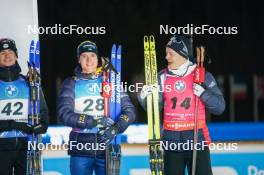 07.02.2024, Nove Mesto na Morave, Czechia (CZE): Eric Perrot (FRA), Sebastian Samuelsson (SWE), Tarjei Boe (NOR), (l-r) - IBU World Championships Biathlon, medals, Nove Mesto na Morave (CZE). www.nordicfocus.com. © Thibaut/NordicFocus. Every downloaded picture is fee-liable.