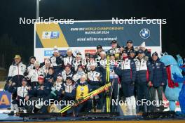 18.02.2024, Nove Mesto na Morave, Czechia (CZE): Norway team and Johannes Thingnes Boe (NOR), Tarjei Boe (NOR), (l-r) - IBU World Championships Biathlon, medals, Nove Mesto na Morave (CZE). www.nordicfocus.com. © Thibaut/NordicFocus. Every downloaded picture is fee-liable.