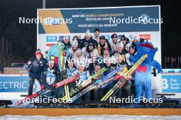 11.02.2024, Nove Mesto na Morave, Czechia (CZE): Sturla Holm Laegreid (NOR), Johannes Thingnes Boe (NOR), Vetle Sjaastad Christiansen (NOR), Johannes Dale-Skjevdal (NOR), Tarjei Boe (NOR), (l-r) - IBU World Championships Biathlon, medals, Nove Mesto na Morave (CZE). www.nordicfocus.com. © Thibaut/NordicFocus. Every downloaded picture is fee-liable.