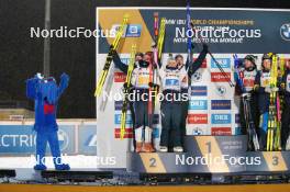 07.02.2024, Nove Mesto na Morave, Czechia (CZE): Johannes Thingnes Boe (NOR), Karoline Offigstad Knotten (NOR), Ingrid Landmark Tandrevold (NOR), Tarjei Boe (NOR), Sebastian Samuelsson (SWE), Hanna Oeberg (SWE), (l-r) - IBU World Championships Biathlon, medals, Nove Mesto na Morave (CZE). www.nordicfocus.com. © Thibaut/NordicFocus. Every downloaded picture is fee-liable.
