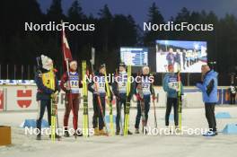 18.02.2024, Nove Mesto na Morave, Czechia (CZE): Johannes Thingnes Boe (NOR), Andrejs Rastorgujevs (LAT), Quentin Fillon Maillet (FRA), Tarjei Boe (NOR), Fabien Claude (FRA), Jakov Fak (SLO), (l-r) - IBU World Championships Biathlon, medals, Nove Mesto na Morave (CZE). www.nordicfocus.com. © Thibaut/NordicFocus. Every downloaded picture is fee-liable.