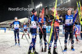 11.02.2024, Nove Mesto na Morave, Czechia (CZE): Eric Perrot (FRA), Quentin Fillon Maillet (FRA), Sturla Holm Laegreid (NOR), Johannes Thingnes Boe (NOR), Vetle Sjaastad Christiansen (NOR), (l-r) - IBU World Championships Biathlon, pursuit men, Nove Mesto na Morave (CZE). www.nordicfocus.com. © Manzoni/NordicFocus. Every downloaded picture is fee-liable.