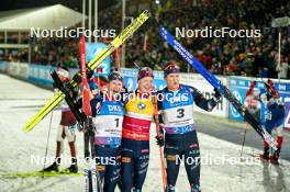 11.02.2024, Nove Mesto na Morave, Czechia (CZE): Sturla Holm Laegreid (NOR), Johannes Thingnes Boe (NOR), Vetle Sjaastad Christiansen (NOR), (l-r) - IBU World Championships Biathlon, pursuit men, Nove Mesto na Morave (CZE). www.nordicfocus.com. © Thibaut/NordicFocus. Every downloaded picture is fee-liable.