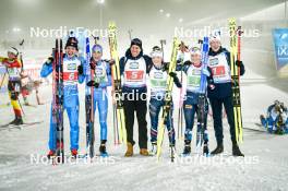 15.02.2024, Nove Mesto na Morave, Czechia (CZE): Tommaso Giacomel (ITA), Lisa Vittozzi (ITA), Quentin Fillon Maillet (FRA), Lou Jeanmonnot (FRA), Ingrid Landmark Tandrevold (NOR), Johannes Thingnes Boe (NOR), (l-r) - IBU World Championships Biathlon, single mixed relay, Nove Mesto na Morave (CZE). www.nordicfocus.com. © Thibaut/NordicFocus. Every downloaded picture is fee-liable.