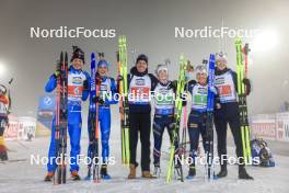 15.02.2024, Nove Mesto na Morave, Czechia (CZE): Tommaso Giacomel (ITA), Lisa Vittozzi (ITA), Quentin Fillon Maillet (FRA), Lou Jeanmonnot (FRA), Ingrid Landmark Tandrevold (NOR), Johannes Thingnes Boe (NOR), (l-r) - IBU World Championships Biathlon, single mixed relay, Nove Mesto na Morave (CZE). www.nordicfocus.com. © Manzoni/NordicFocus. Every downloaded picture is fee-liable.