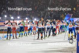 15.02.2024, Nove Mesto na Morave, Czechia (CZE): Johannes Thingnes Boe (NOR), Simon Eder (AUT), Jakov Fak (SLO), Niklas Hartweg (SUI), Rene Zahkna (EST), Justus Strelow (GER), Otto Invenius (FIN), Sebastian Samuelsson (SWE), (l-r) - IBU World Championships Biathlon, single mixed relay, Nove Mesto na Morave (CZE). www.nordicfocus.com. © Manzoni/NordicFocus. Every downloaded picture is fee-liable.
